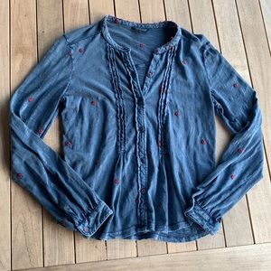 Lucky Brand Blue Button-Down Shirt with Red Embroidered Dots